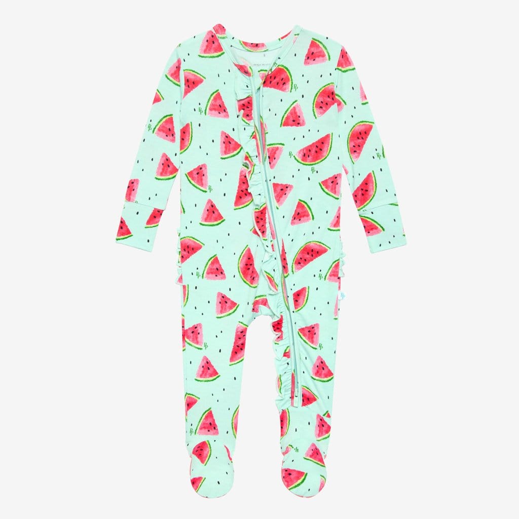 Mellony Footie Ruffled Zippered One Piece in watermelon print