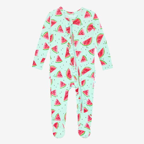 Mellony Footie Ruffled Zippered One Piece in watermelon print