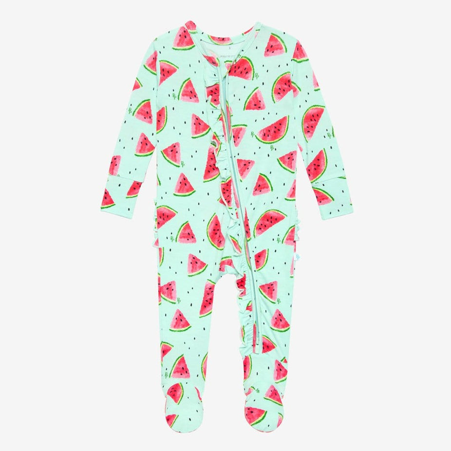 Mellony Footie Ruffled Zippered One Piece in watermelon print