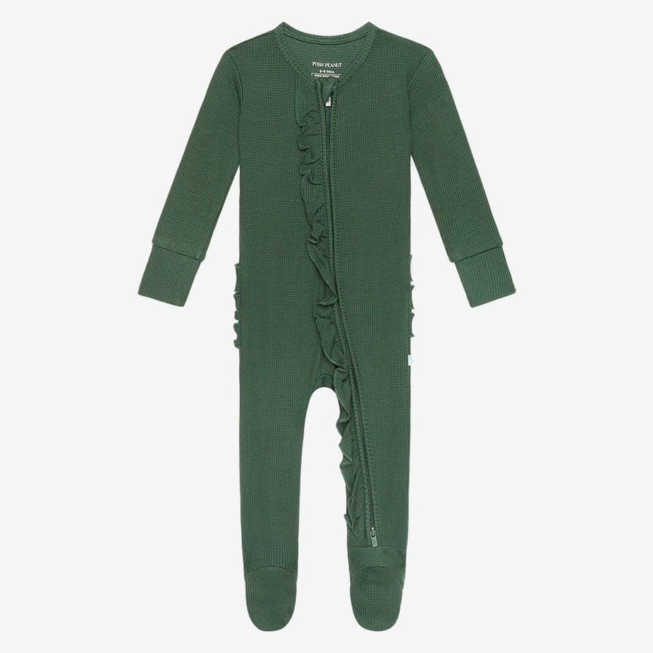 Pine Waffle Footie Ruffled Zippered One Piece