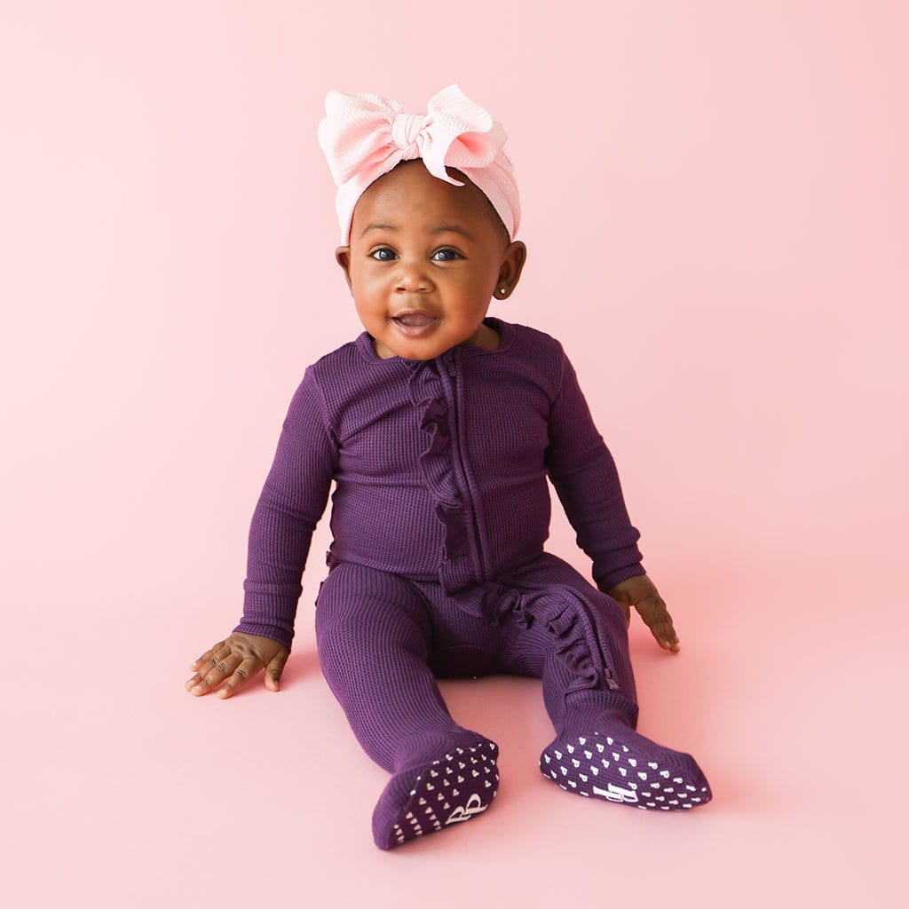 Baby in Posh Peanut Plumb Waffle Knit Ruffled Baby One Piece