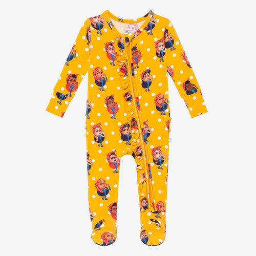 Rosie the Riveters Footie Ruffled Zippered One Piece