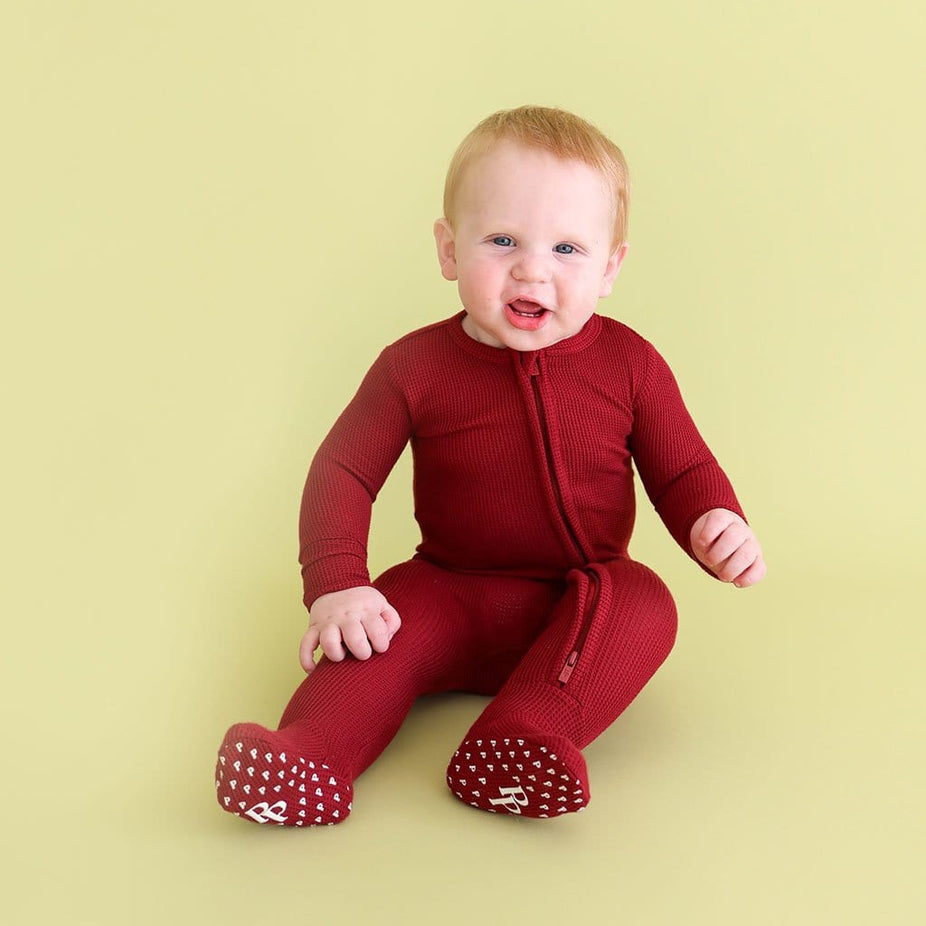 Bordeaux Waffle Footie Zippered One Piece