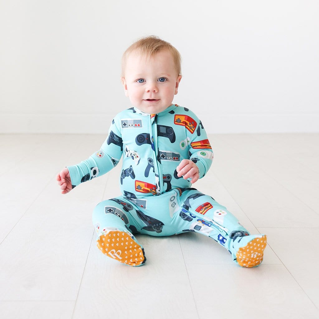 Baby in Gamer Footie Zippered One Piece in gaming controller print