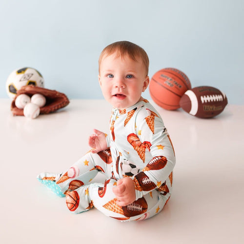 Scoops Footie Zippered One Piece in Basketball & Football print