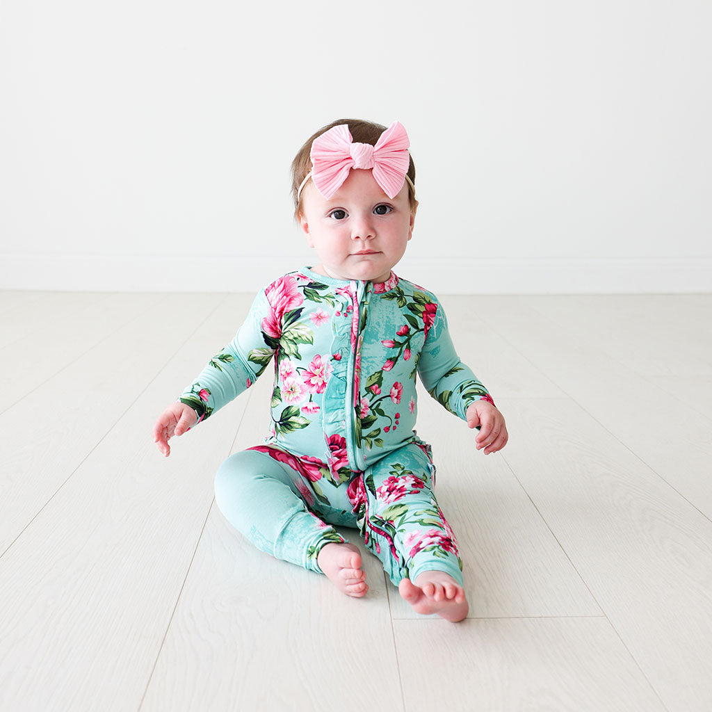 Aqua Floral Footless Ruffled Zippered One Piece