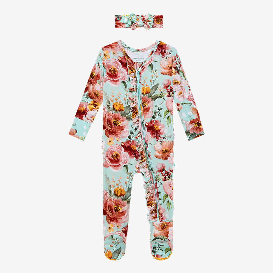 Cheyenne Footie Ruffled Zippered One Piece Headwrap Set
