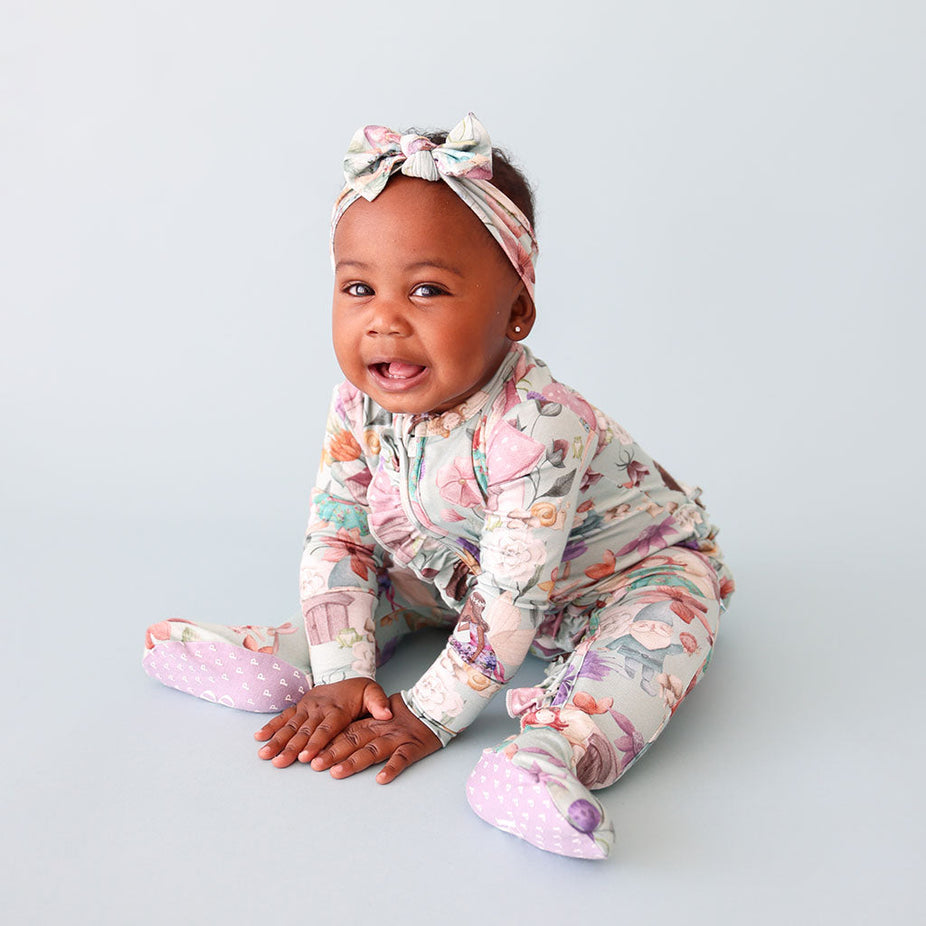Faye Footie Ruffled Zippered One Piece Headwrap Set