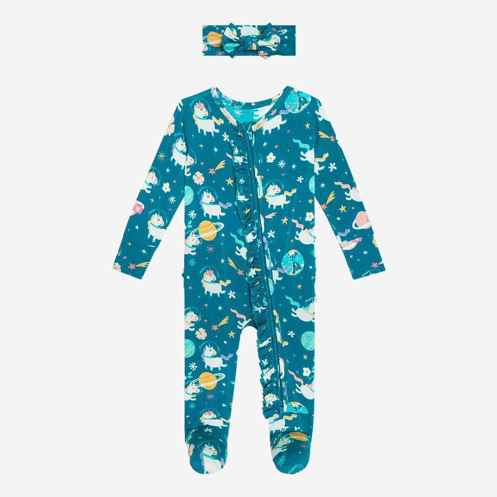 Nella Footie Ruffled Zippered One Piece Headwrap Set