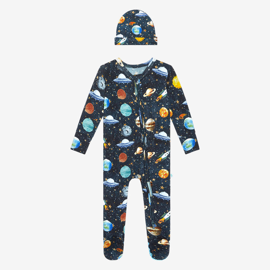 Cosmic Galaxy Footie Zippered One Piece Beanie Set