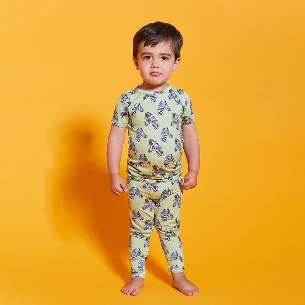 Boy toddler wearing Dante Short Sleeve Pajamas in Zebra Print