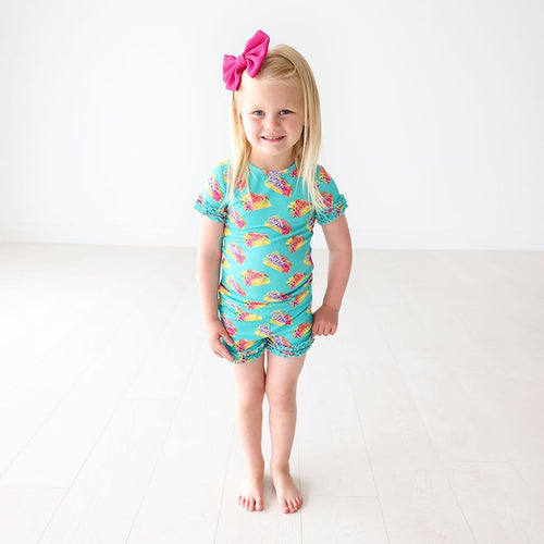 Toddler wearing Valentina Ruffled Short Sleeve Ruffled Short Pajamas flower print