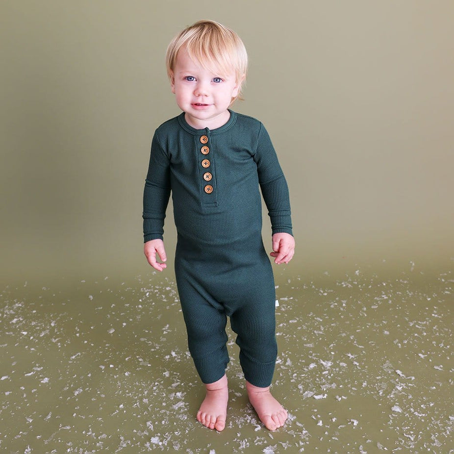 Pine Waffle Long Sleeve Henley Romper