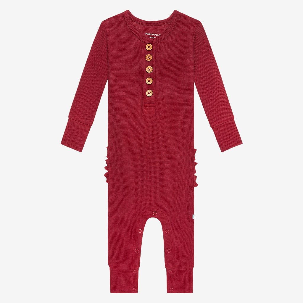 Bordeaux Waffle Long Sleeve Henley Ruffled Romper