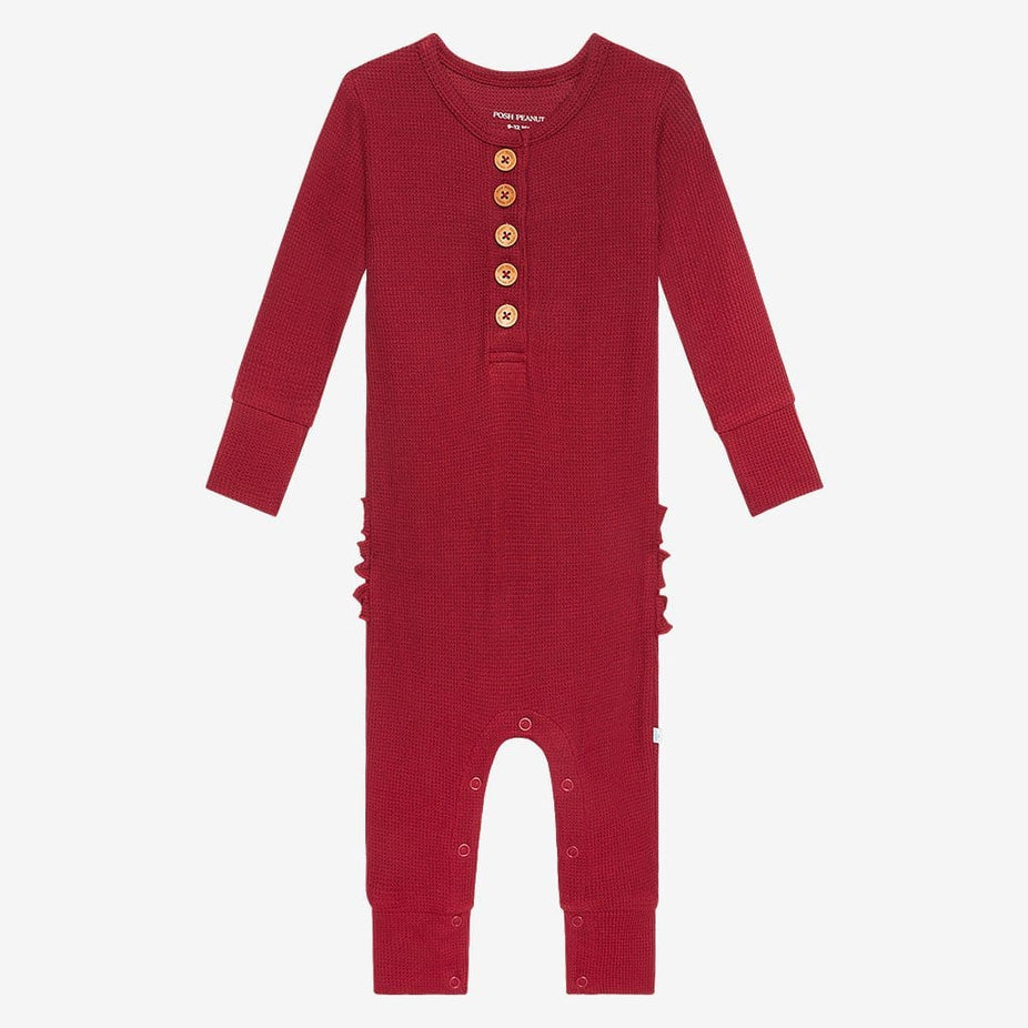 Bordeaux Waffle Long Sleeve Henley Ruffled Romper