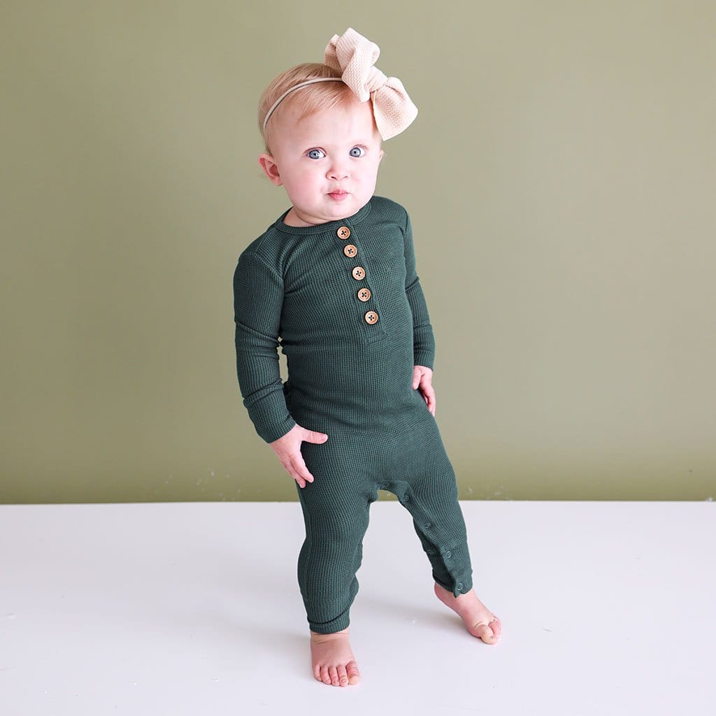 Pine Waffle Long Sleeve Henley Ruffled Romper