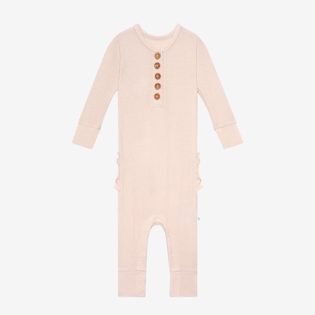 Sandy Blush Waffle Long Sleeve Henley Ruffled Romper