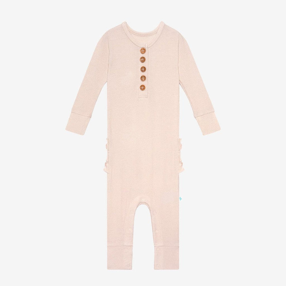 Sandy Blush Waffle Long Sleeve Henley Ruffled Romper
