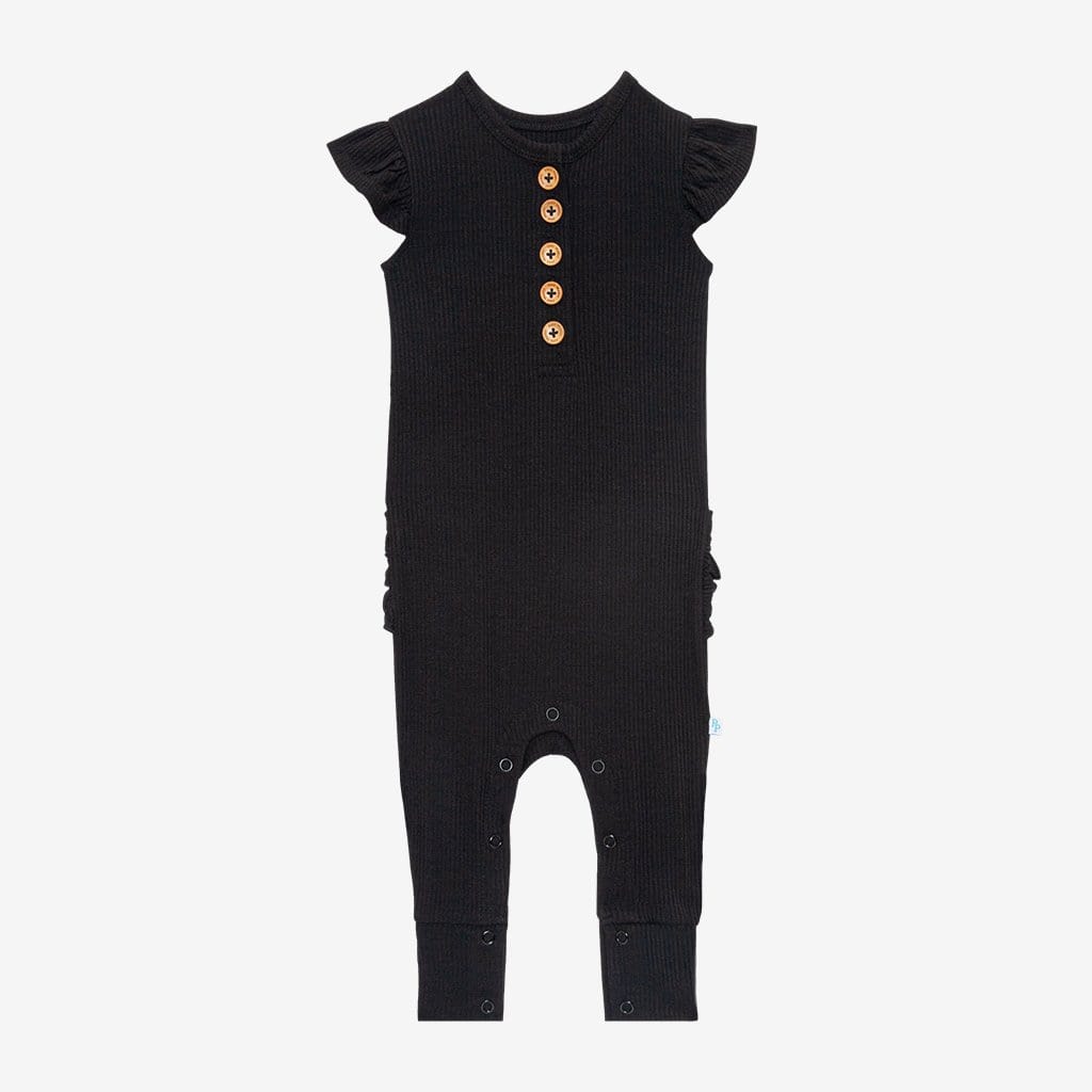 Black Ribbed Ruffled Cap Sleeve Henley Romper