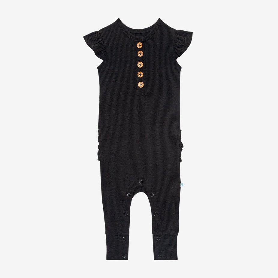 Black Ribbed Ruffled Cap Sleeve Henley Romper