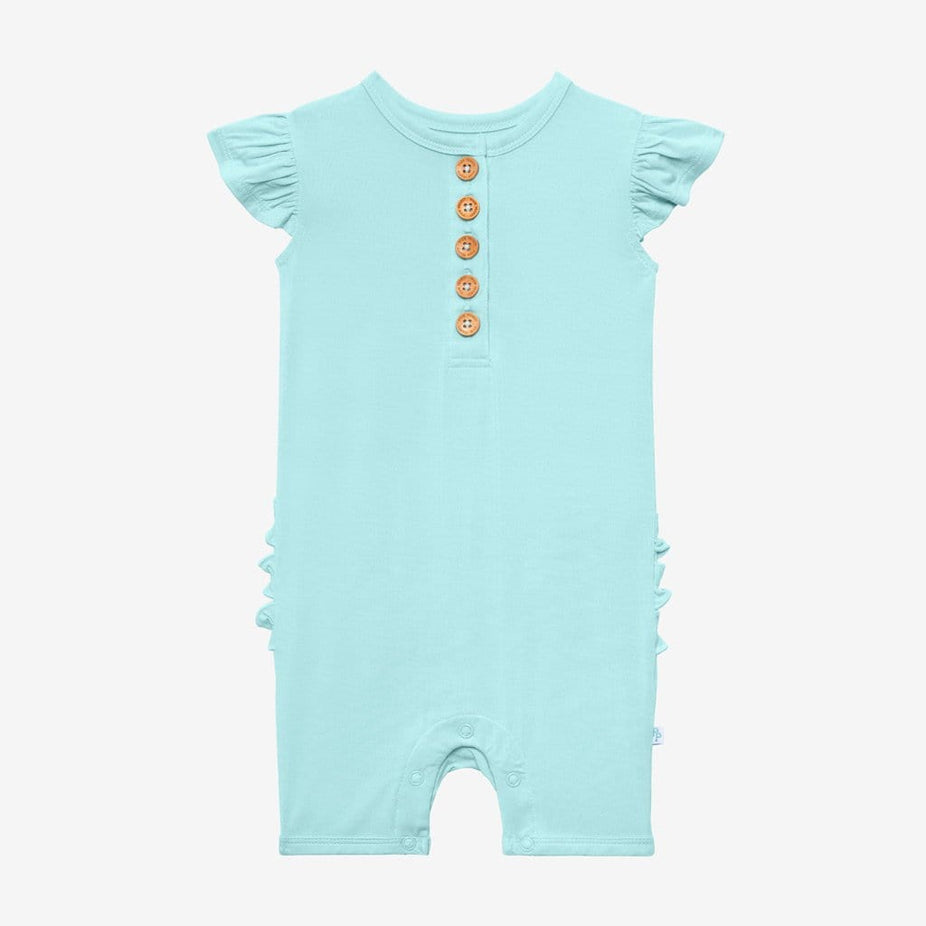 Robins Egg Ruffled Cap Sleeve Henley Short Romper