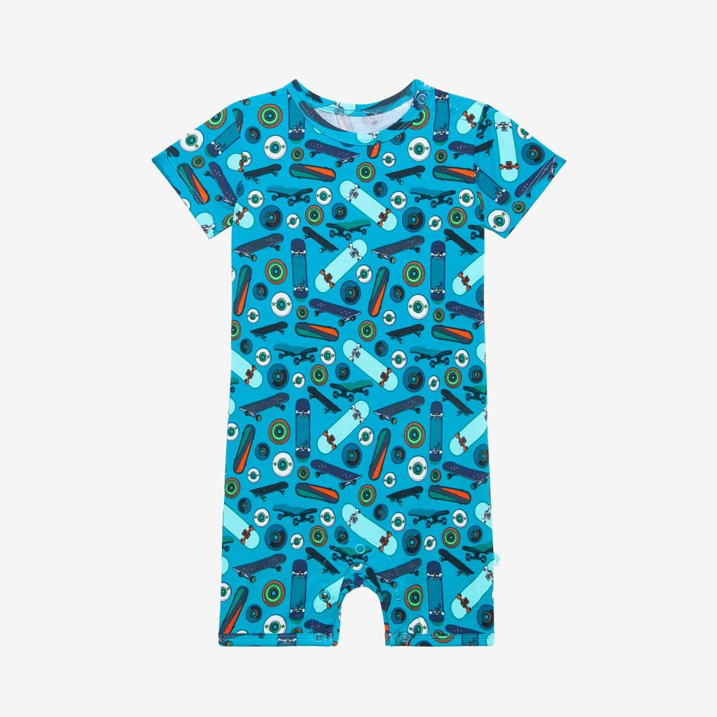 Cole Short Sleeve Short Romper in skateboard print
