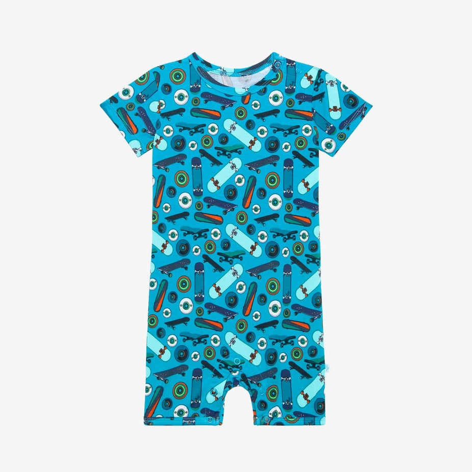 Cole Short Sleeve Short Romper in skateboard print