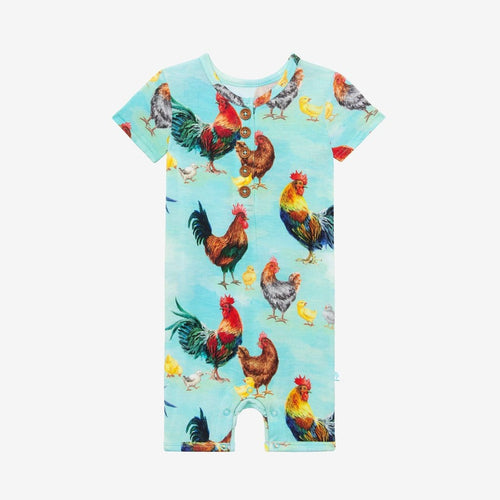 Rhett Short Sleeve Henley Short Romper with chicken print