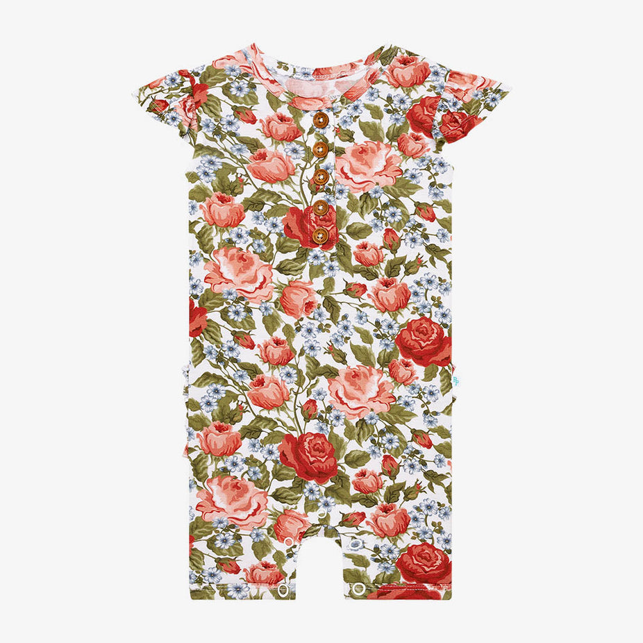 Alma Ruffled Cap Sleeve Henley Short Romper