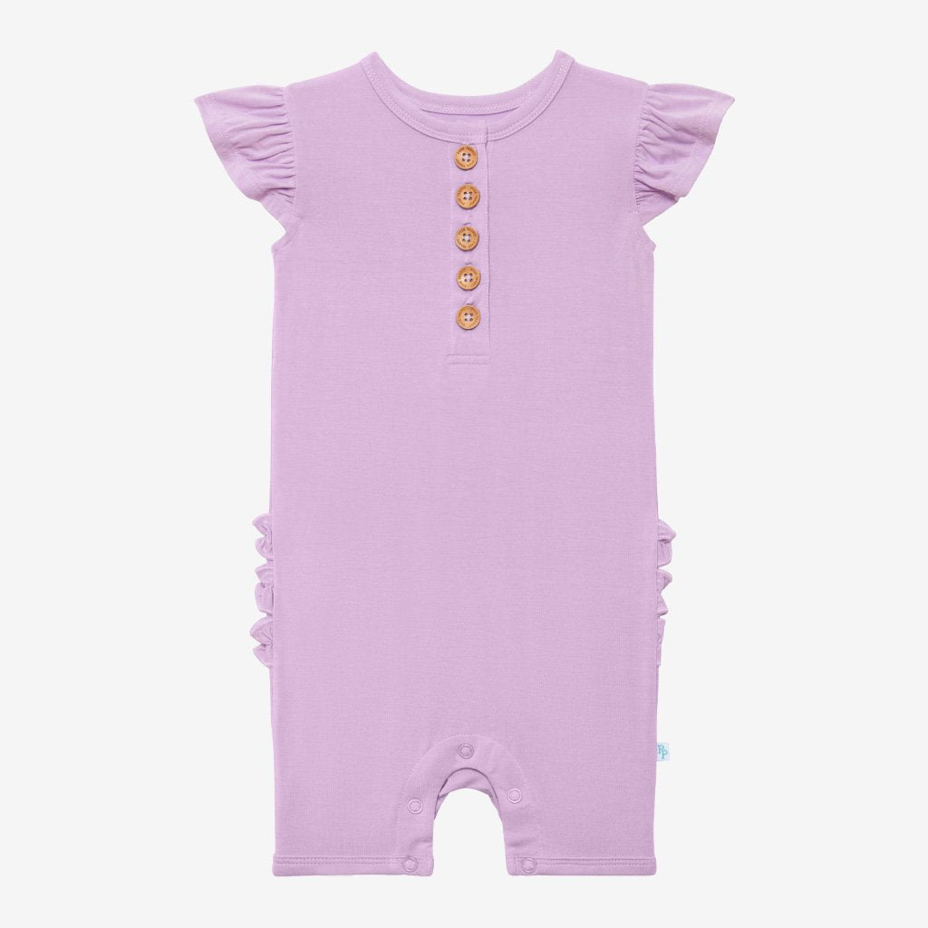 Amethyst Ruffled Cap Sleeve Henley Short Romper