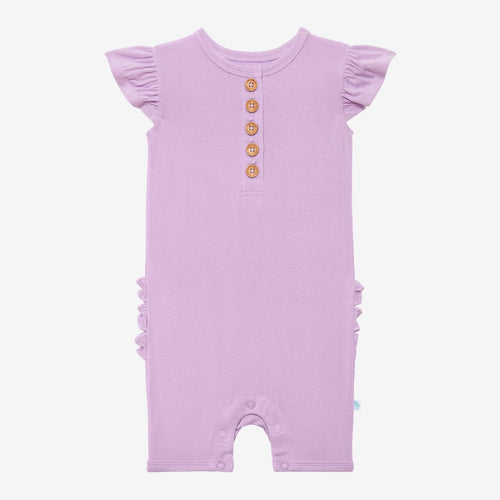 Amethyst Ruffled Cap Sleeve Henley Short Romper