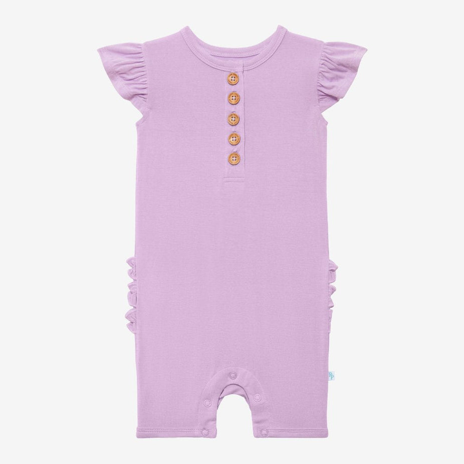 Amethyst Ruffled Cap Sleeve Henley Short Romper