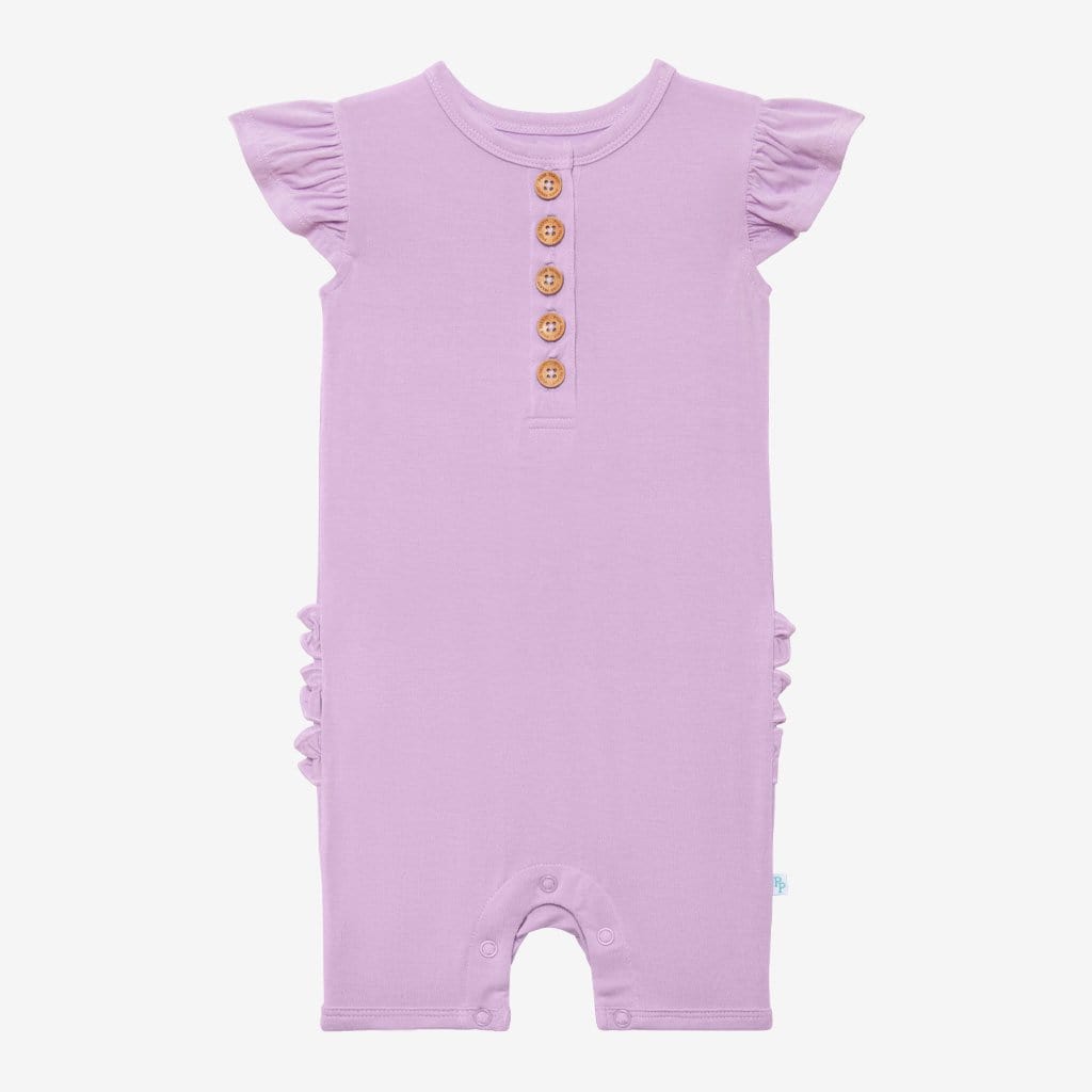 Amethyst Ruffled Cap Sleeve Henley Short Romper