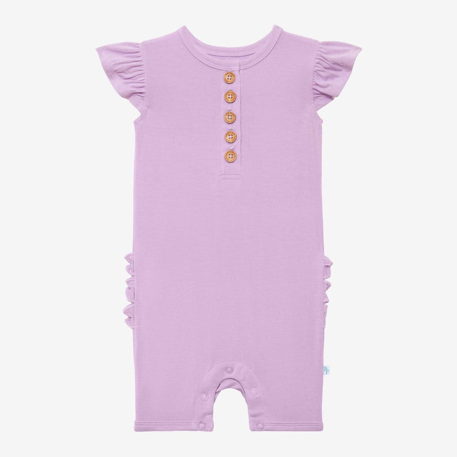 Amethyst Ruffled Cap Sleeve Henley Short Romper