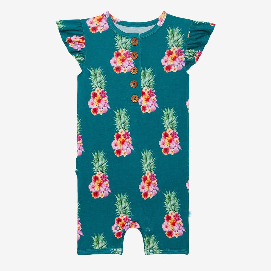Ananans Ruffled Cap Sleeve Henley Short Romper
