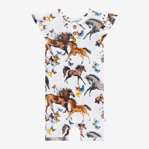 Claire Ruffled Cap Sleeve Henley Short Romper with animal print