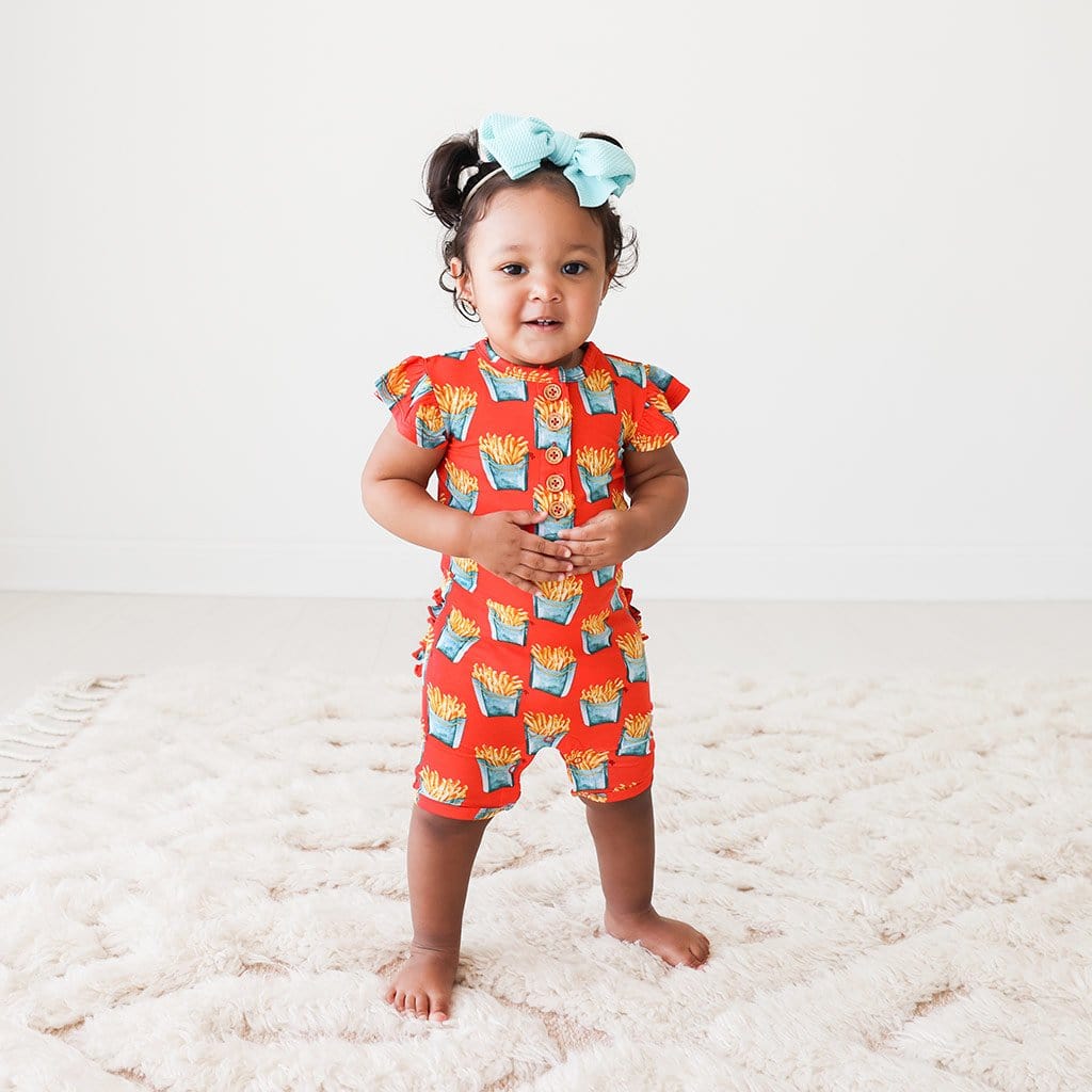 Baby on Fry Ruffled Cap Sleeve Henley Short Romper
