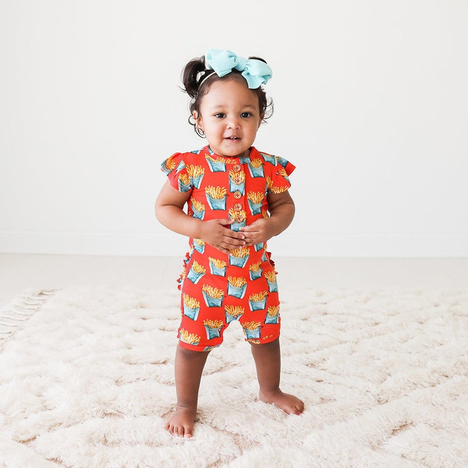 Baby on Fry Ruffled Cap Sleeve Henley Short Romper