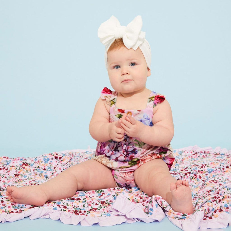Baby on Georgette Ruffled Cap Sleeve Henley Bubble Romper