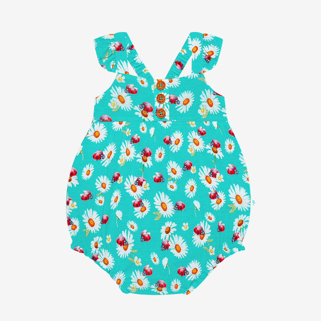 Ladybug Ruffled Cap Sleeve Henley Bubble Romper