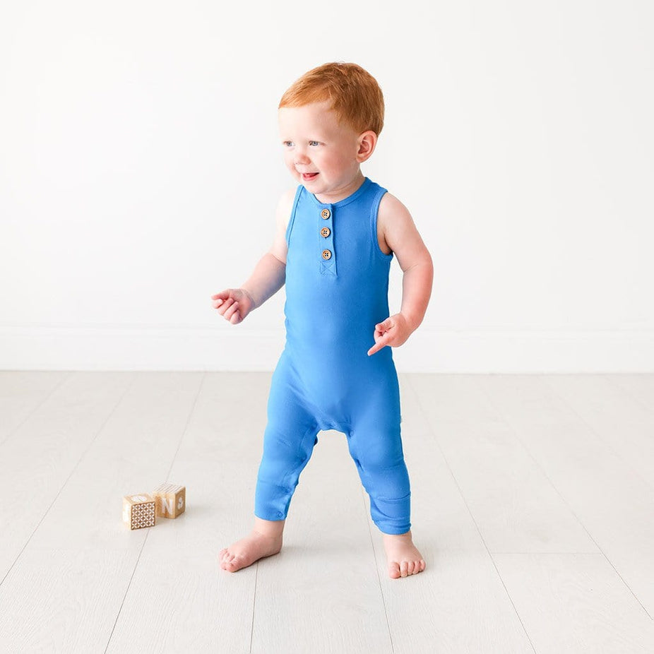 Baby wearing Hawaiian Blue Henley Racerback Romper