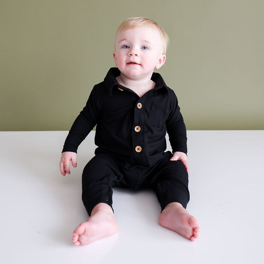 Black Ribbed Long Sleeve Collared Henley Romper