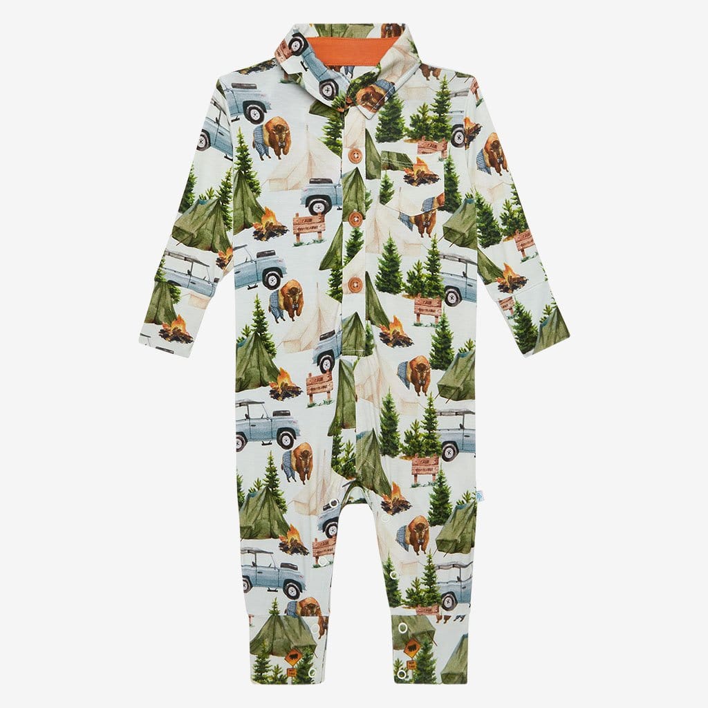 Front View of Camping Collared Romper Camp Posh Peanut