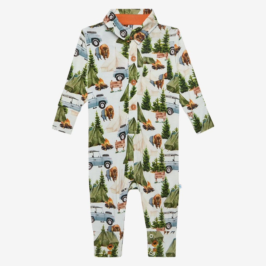 Front View of Camping Collared Romper Camp Posh Peanut