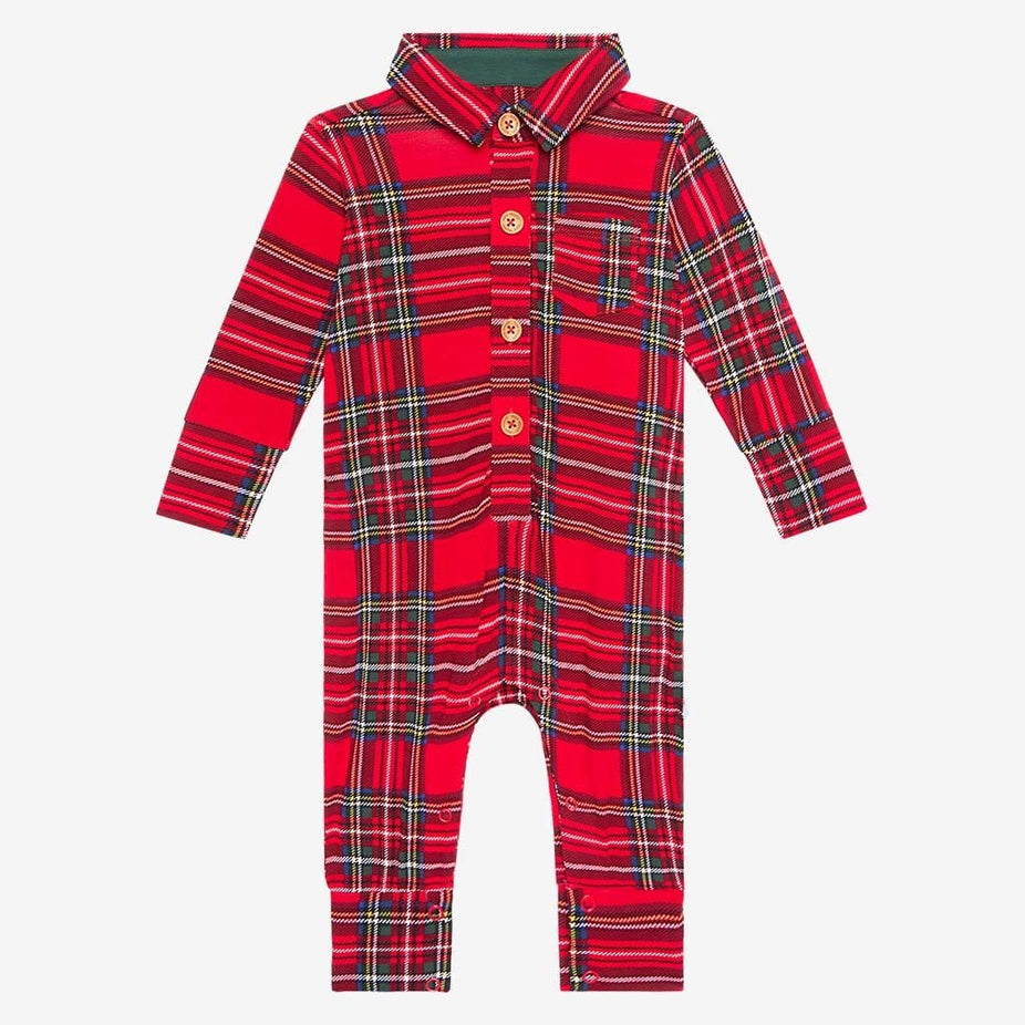Vintage Red Tartan Long Sleeve Collared Henley Romper