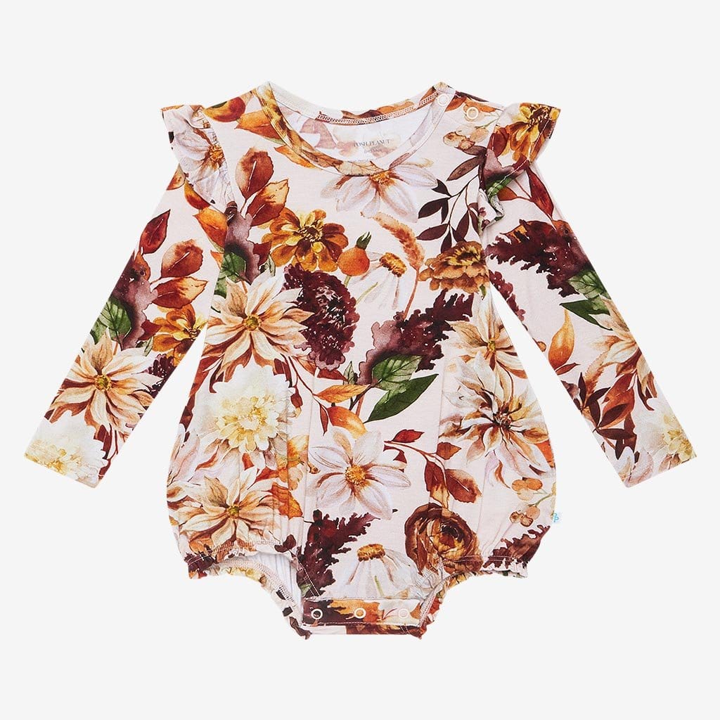 Front View of Floral Baby Girl Bubble Romper Julieta