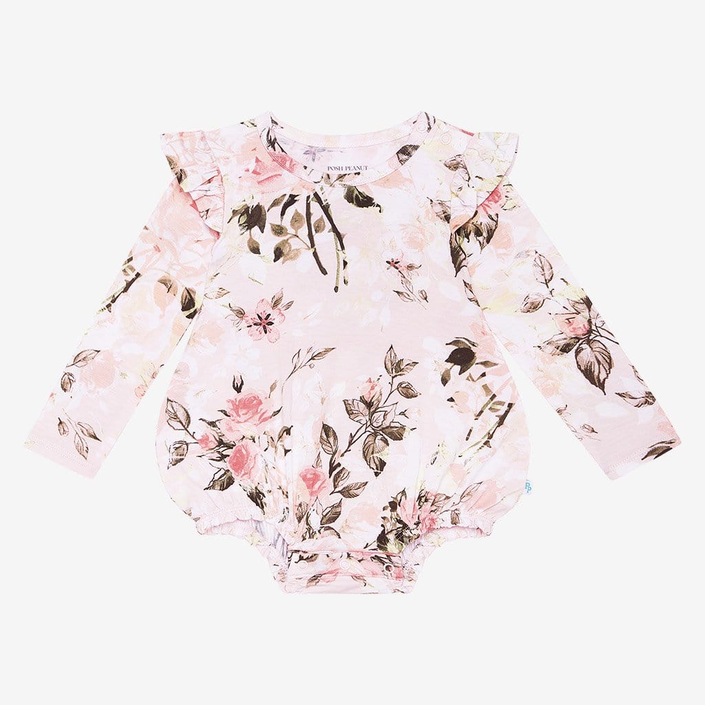Vintage Pink Rose Ruffled Long Sleeve Bubble Romper