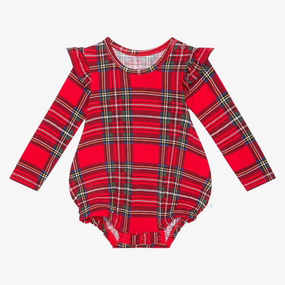 Vintage Red Tartan Ruffled Long Sleeve Bubble Romper