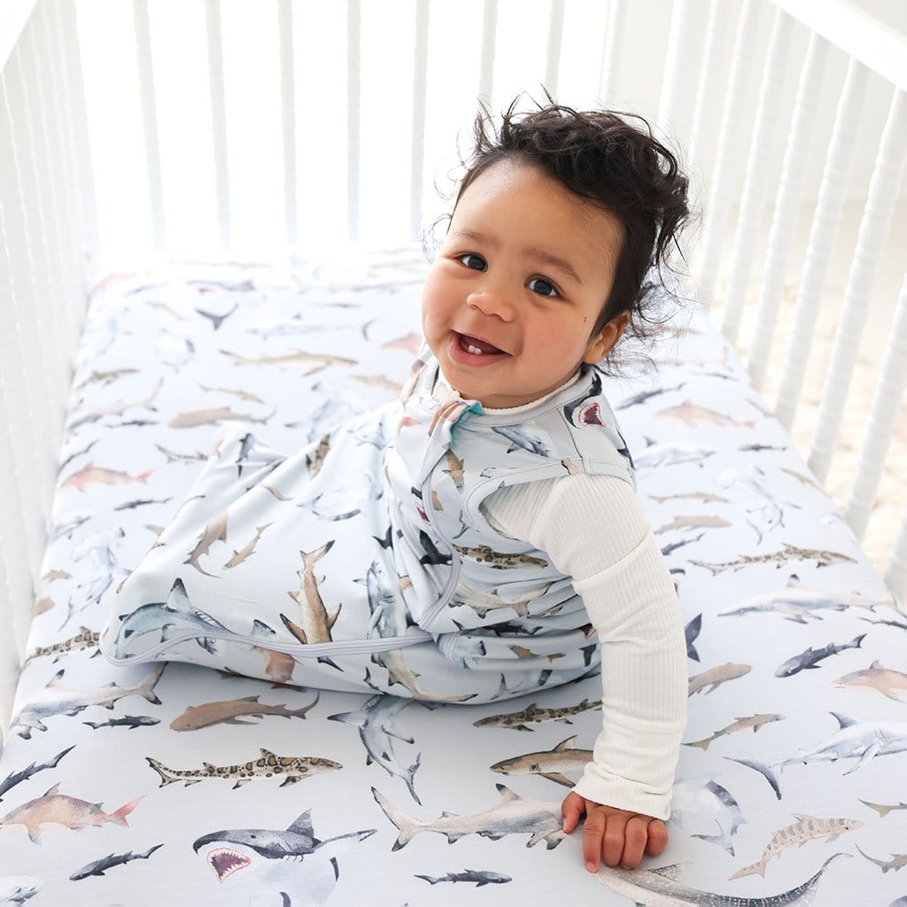 Baby wearing Maverick Sleeveless Sleep Bag 1.0 Tog in shark print