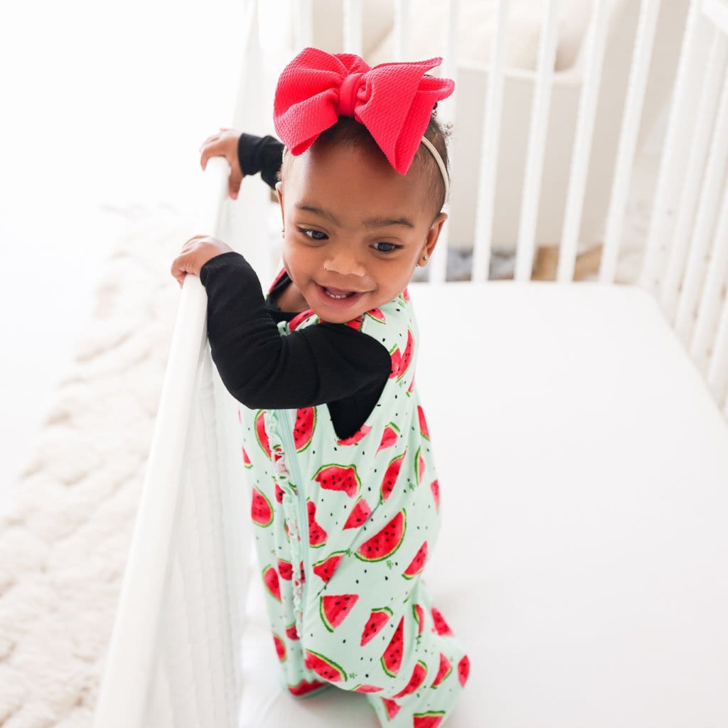 Baby in Mellony Sleeveless Ruffled Sleep Bag 0.5 Tog in watermelon print